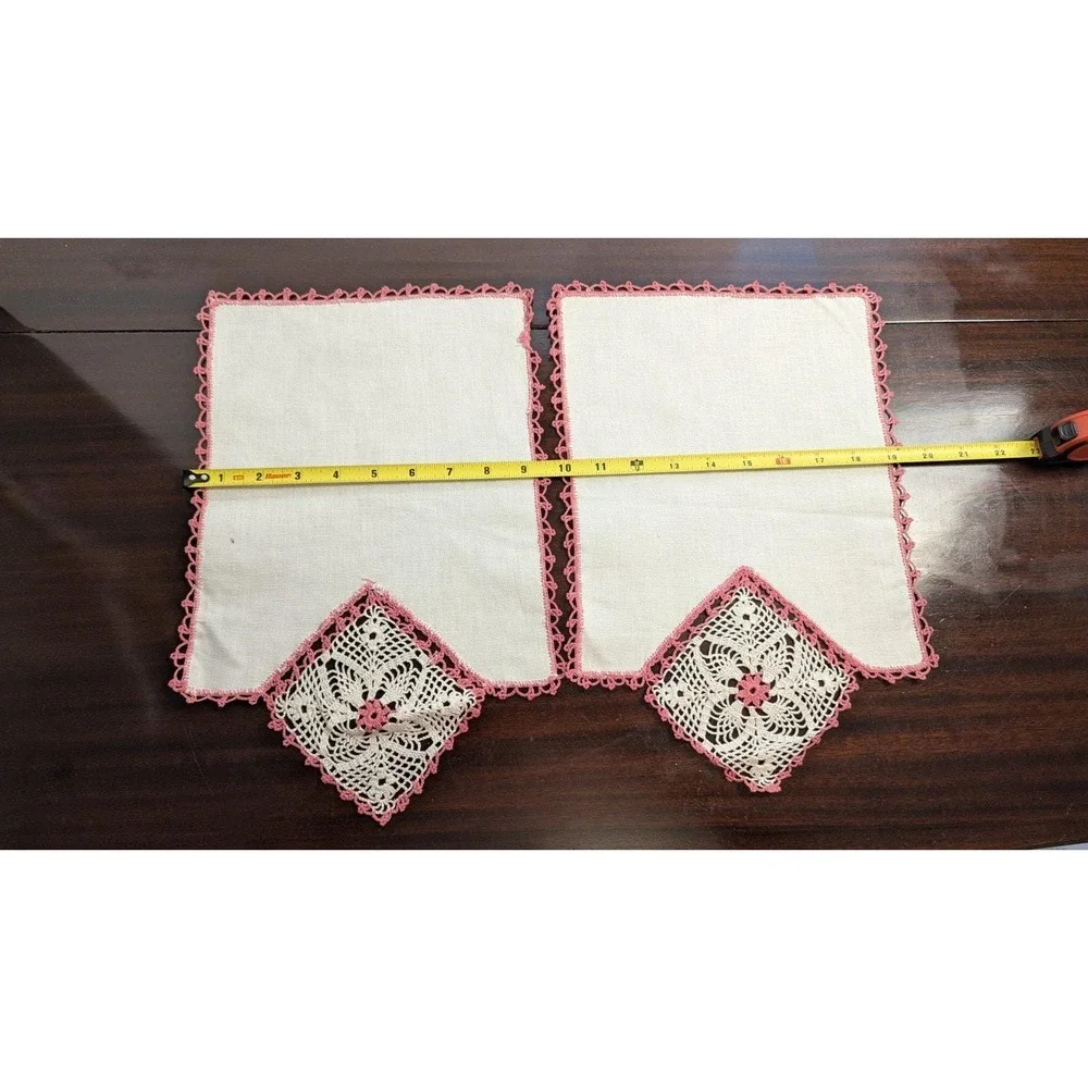 Vintage Pink Crochet Linen Table Runner Set Handmade Lace Napkins Doily 6pc